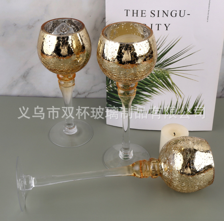 Electroplated broken gold glass candlesticks, hand-blown glass handicrafts in stock, three-piece set of European-style restaurant high-legged candlesticks pic 6