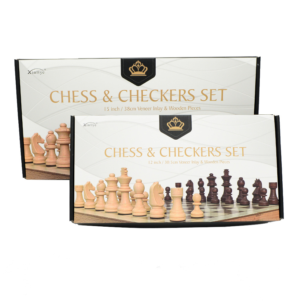 Two-in-one international chess checkers wooden board game toys with double back, non-magnetic for export pic 2