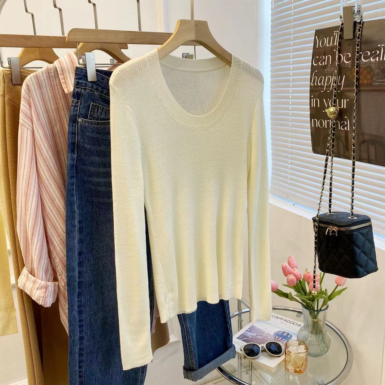 U领针织衫女韩国东大门露锁骨修身纯色安迪绒打底衫安迪绒长袖衫详情31