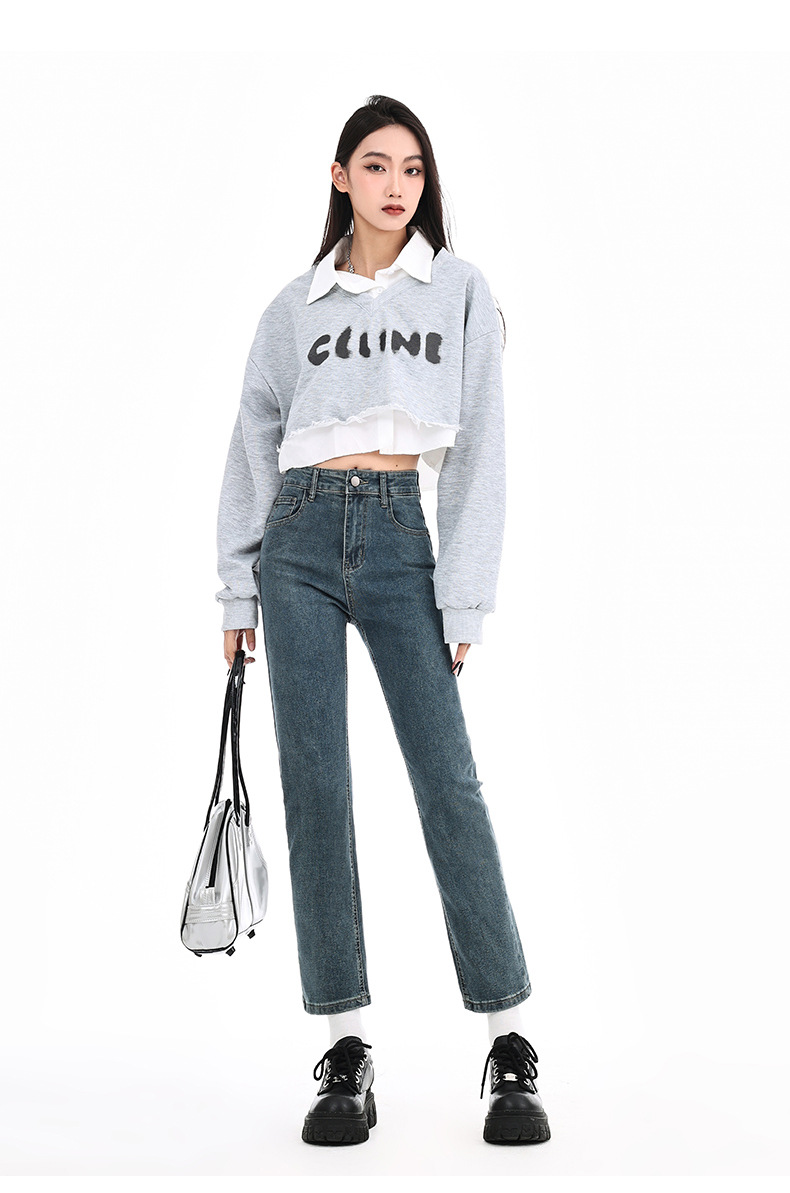 Blue-gray smoke tube jeans for women in spring 2025, petite slimming baguette pants, 9-inch straight leg pants pic 30