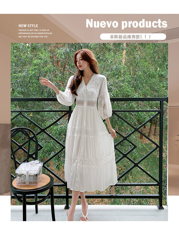 2024流行款连衣裙春夏白色甜美法式泡泡袖过膝长裙沙滩裙出游裙子详情1