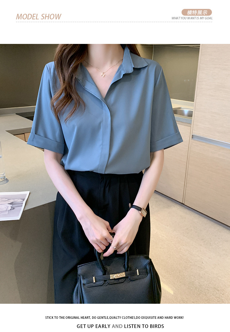 Real photos of in-stock 2025 summer new chiffon shirt for women, short-sleeved, simple and elegant office lady shirt and top for women pic 9
