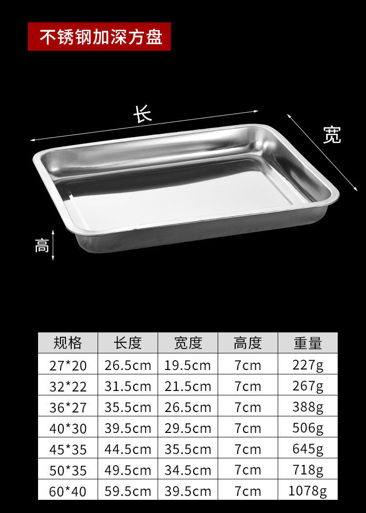 不锈钢方盘托盘商用食堂餐厅蒸饭盘大容量烤鱼盘多规格长方形餐盘详情10