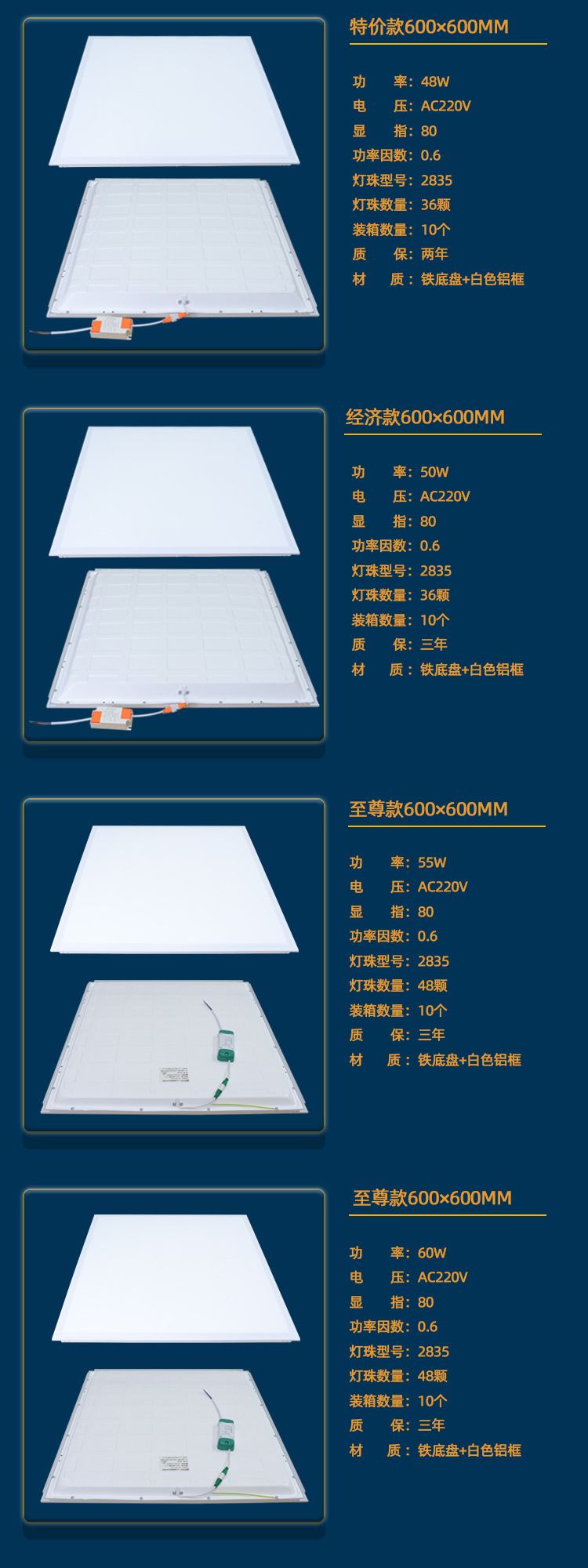 led平板灯600*600办公室集成吊顶面板灯300600厨房卫生间铝扣板灯详情7