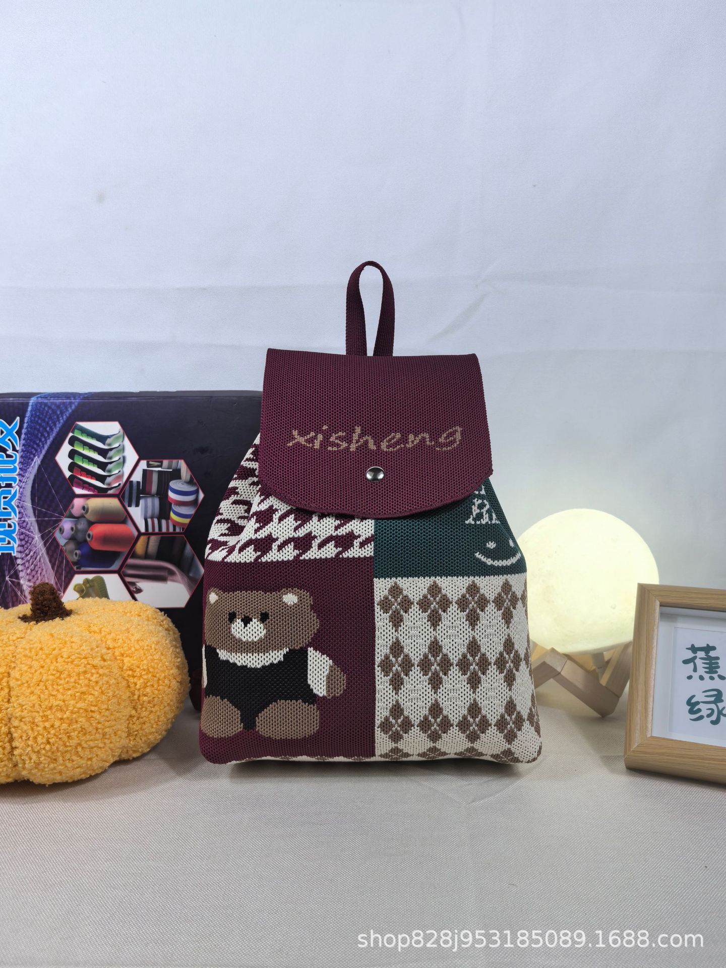 新款ins网红卡通便携通用百搭针织抽绳双肩包手拎包可编logo包包详情13