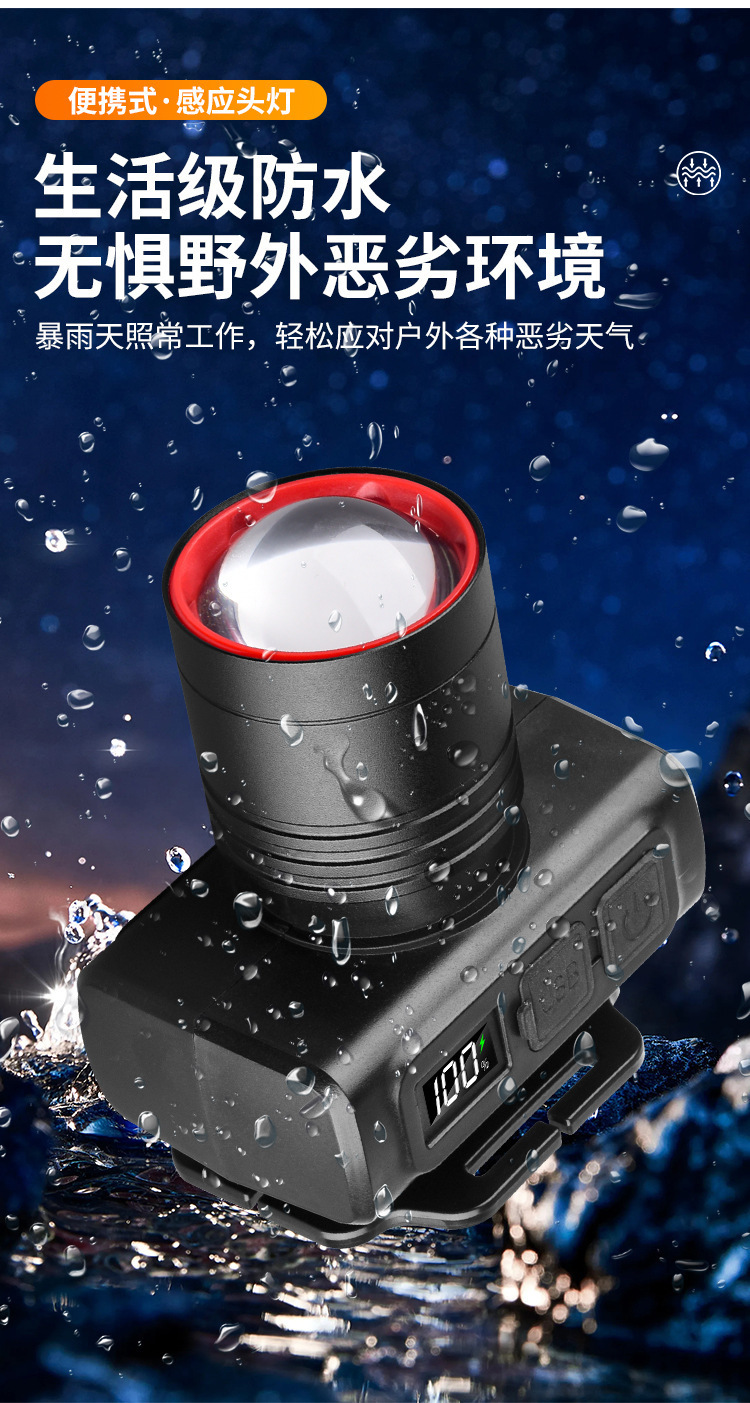 跨境新款铝合金便携式带感应头灯照伸缩变焦数字电量显示USB头灯详情9