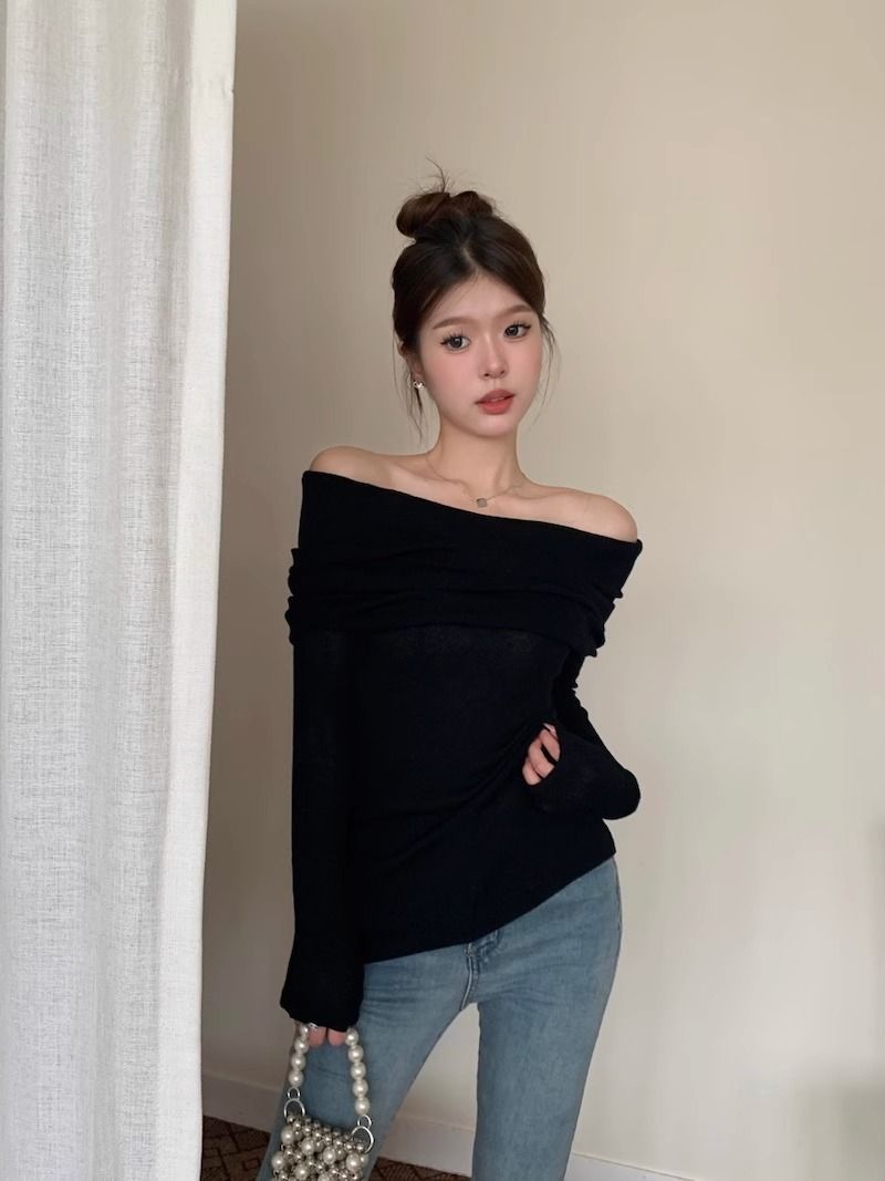 露肩一字肩上衣针织衫女秋装新款修身长袖红色漏肩黑色一字领毛衣详情24