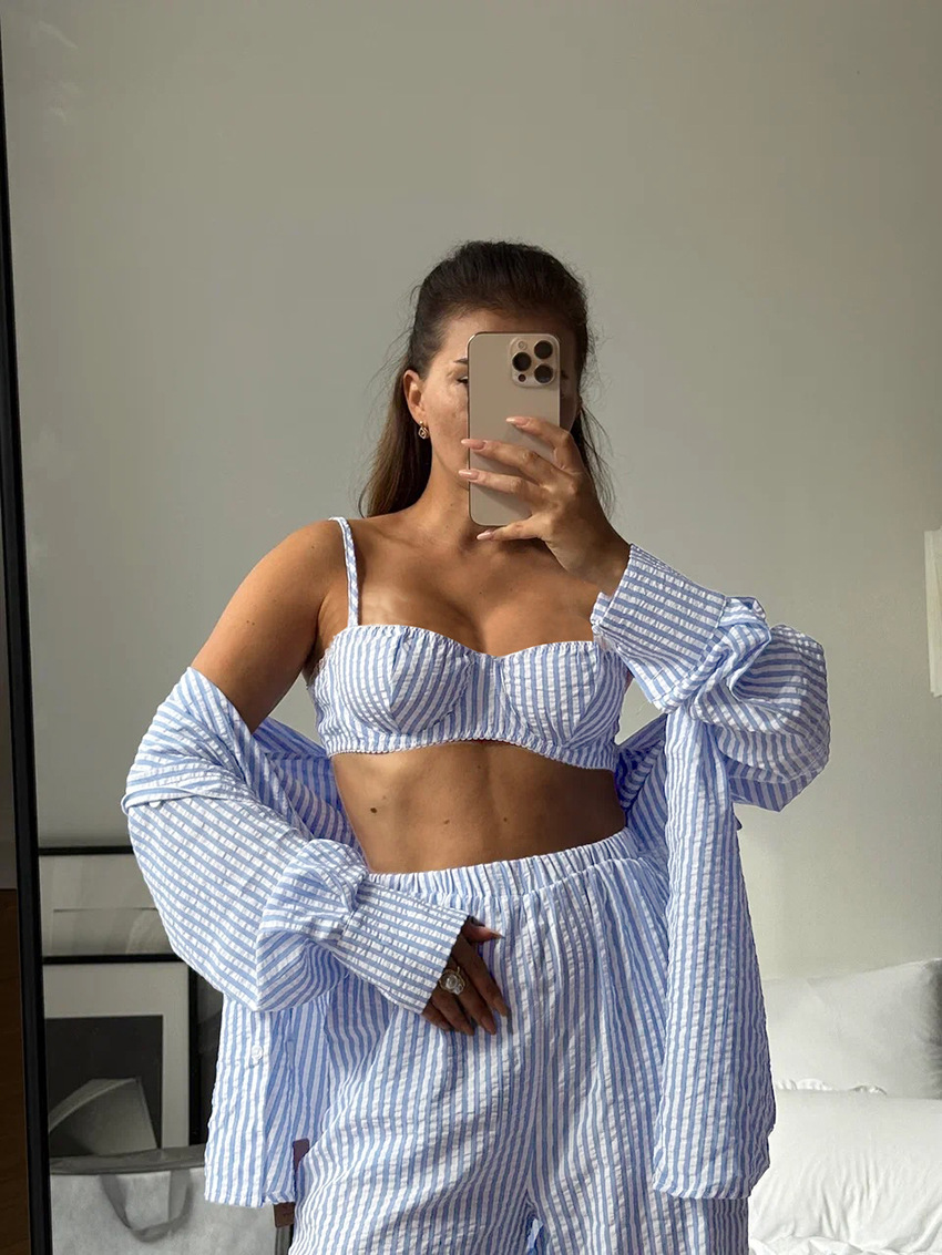 A new spring/summer striped three-piece pajama set from Europe and America, soft, loose and skin-friendly for women, suitable for cross-border wear in 2026 pic 35