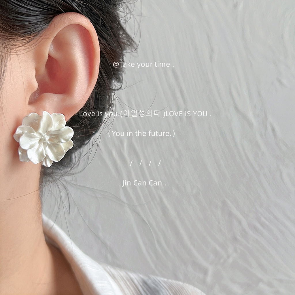 White pearl flower 925 silver needle camellia stud earrings, elegant and ethereal forest-style earrings, photo accessories pic 3