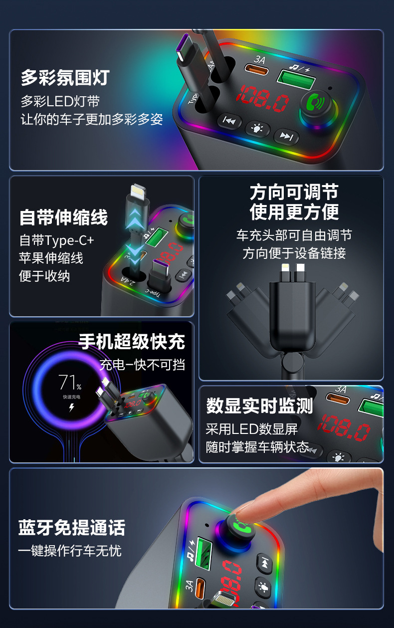 L3 L4 L5车载蓝牙mp3车载MP3四合一伸缩线车载充电器FM发射超级快充详情2