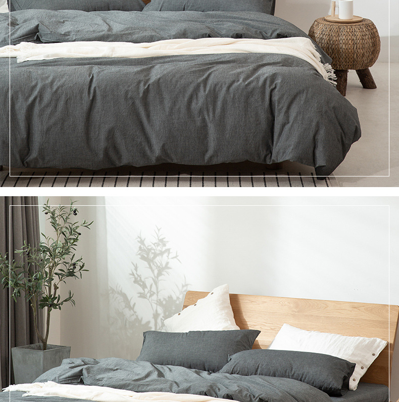 All-cotton yarn-dyed washed cotton four-piece set, pure cotton Japanese-style simple plain color quilt cover, bed sheet, bed hat style, student dormitory pic 10