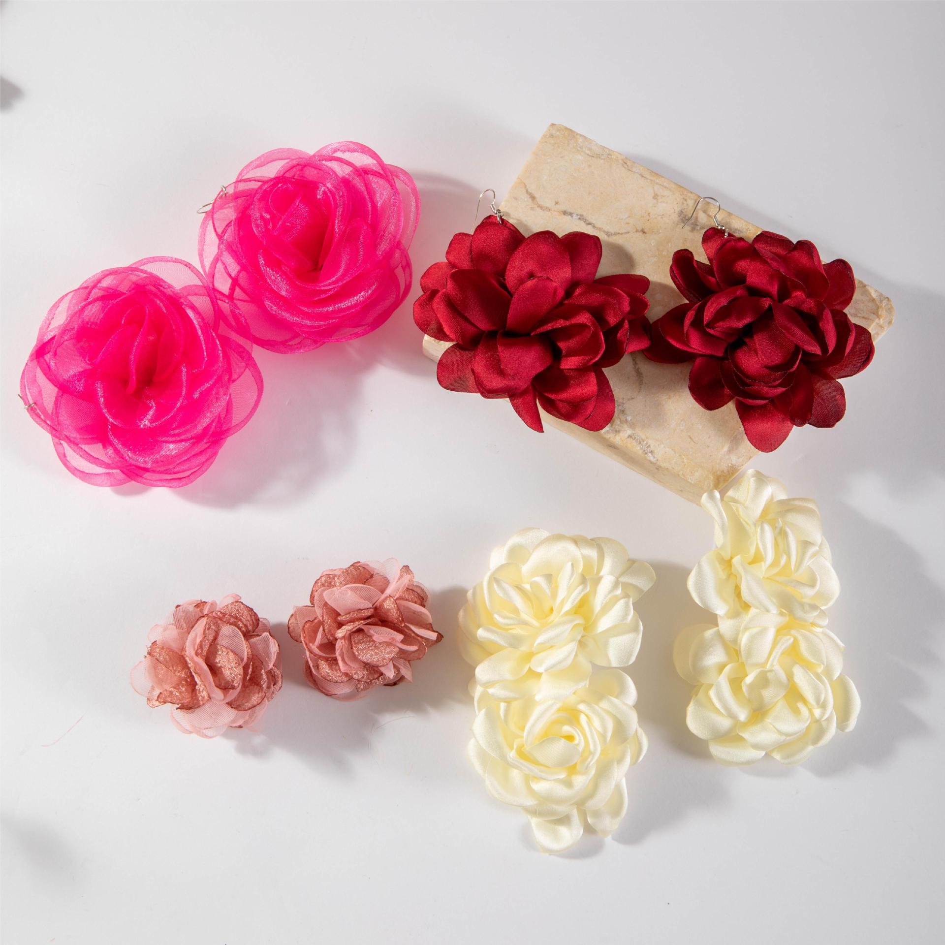 欧美跨境新款饰品 韩式蓬松大花朵耳环 高级绒布蕾丝多色耳饰套装详情7