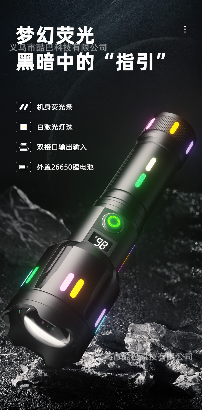 亚马逊强光变焦多功能手电Type-C充电荧光条数字电显白激光手电筒详情9