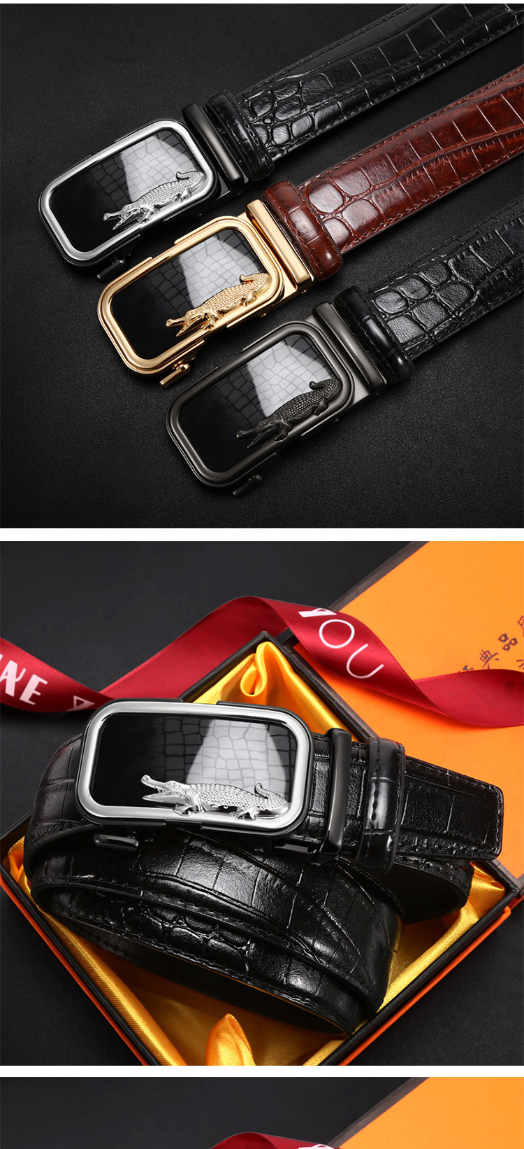 Wholesale of high-end alloy crocodile belt for men with automatic buckle, business all-in-one crocodile pattern two-layer cowhide belt pic 7