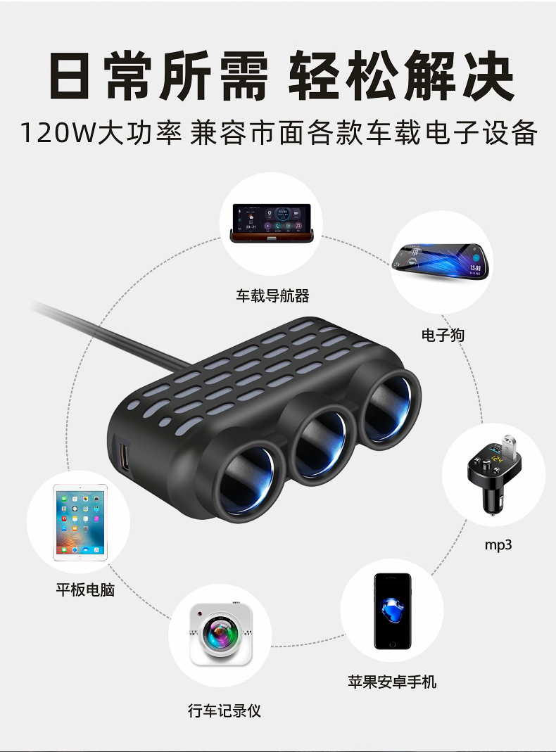 车载点烟器一拖三车载快充七彩氛围灯汽车转换器一分三双USB插口详情6