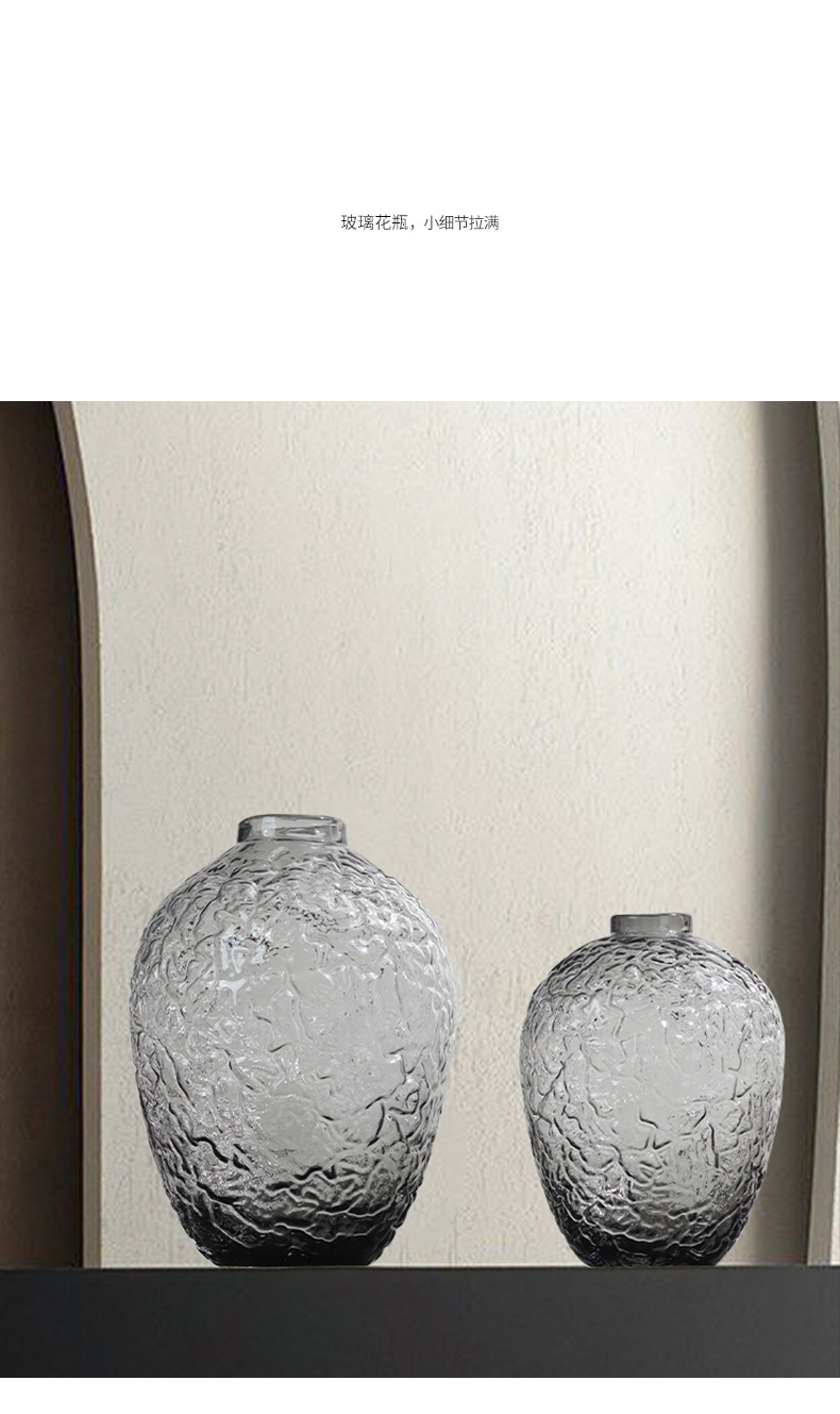 富雅玻璃大肚落地马醉木灰色透明锤纹水培玻璃花瓶家居装饰花器详情2