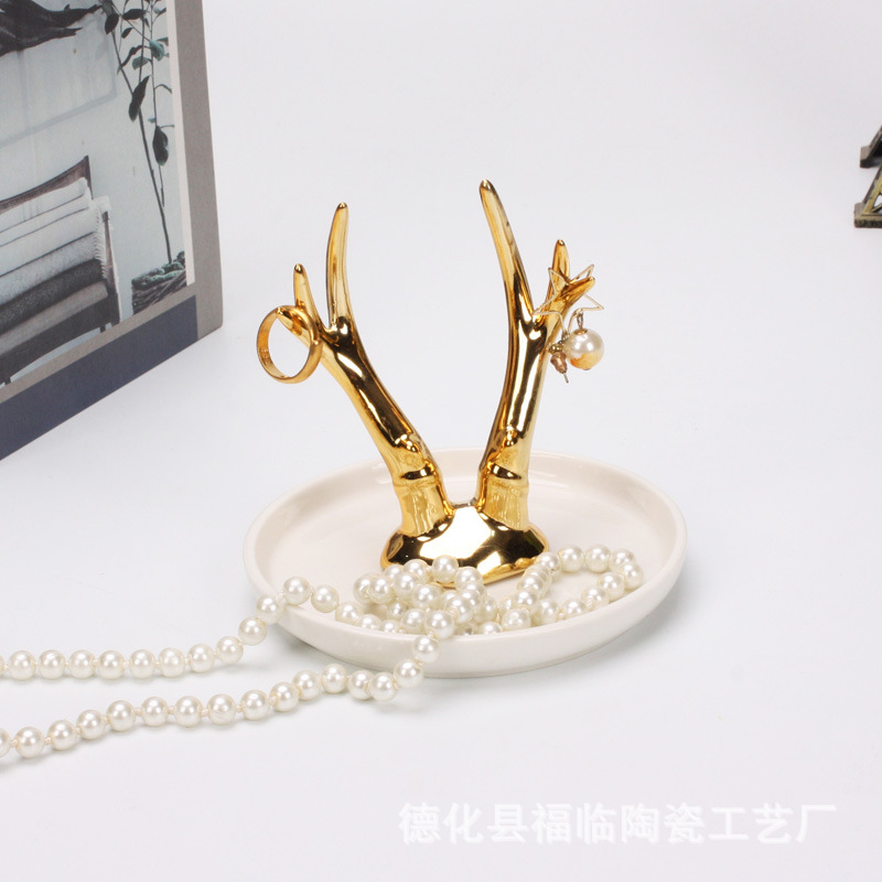 Nordic gold-plated ceramic handicrafts, gift jewelry plates, rings, watches, home storage plates, golden deer animal ornaments pic 48