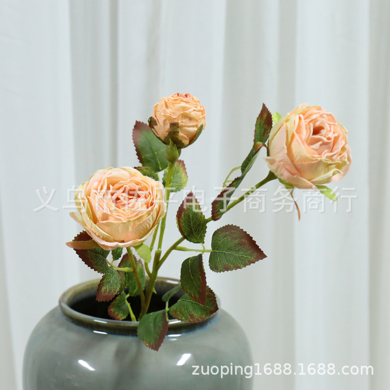 3头烤边玫瑰仿真花家居客厅装饰绢花玫瑰花拍摄道具花橱窗花批发详情15