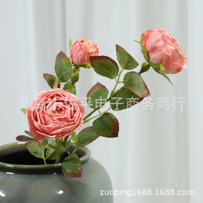 3头烤边玫瑰仿真花家居客厅装饰绢花玫瑰花拍摄道具花橱窗花批发详情11