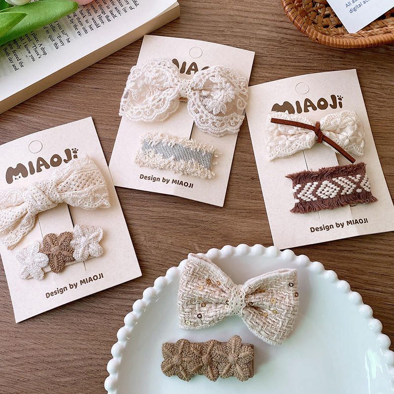 French retro style, off-white fabric, lace, lace, bow, woolen woven, flower fringe, seaside hairpin for women pic 5
