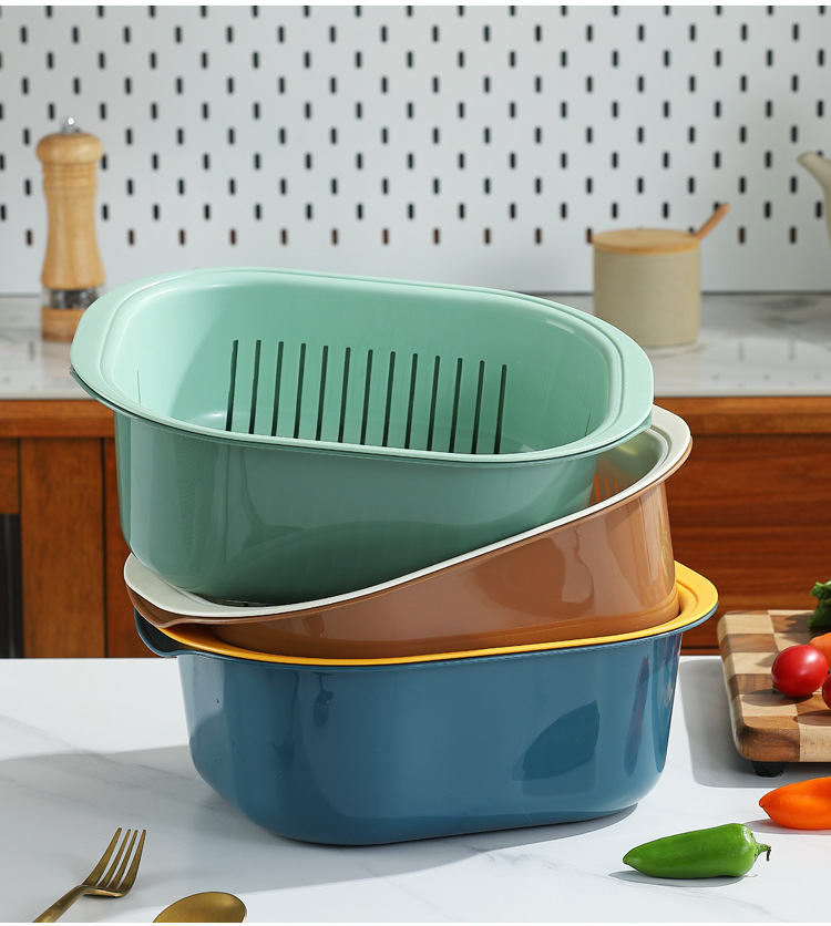 Creative household kitchen double-layer draining basket, creative fruit and vegetable washing basin, plastic multi-functional bowl and chopsticks draining pic 17