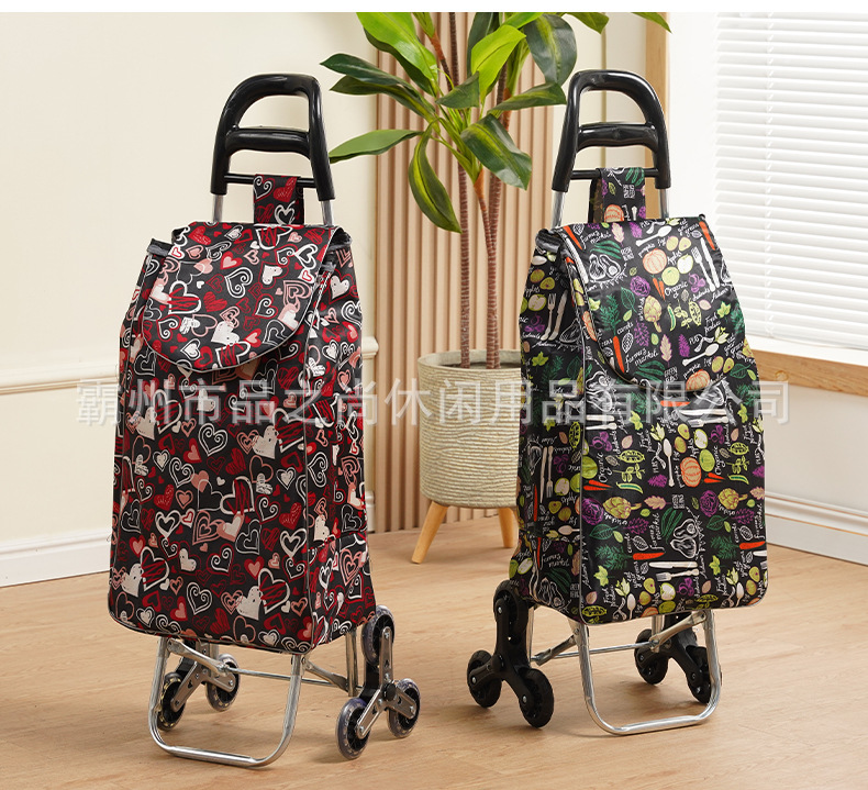 Large flower shopping cart, crystal stair climbing supermarket shopping cart, elderly grocery shopping cart, stair climbing small hand trolley, cloth bag handle pic 16
