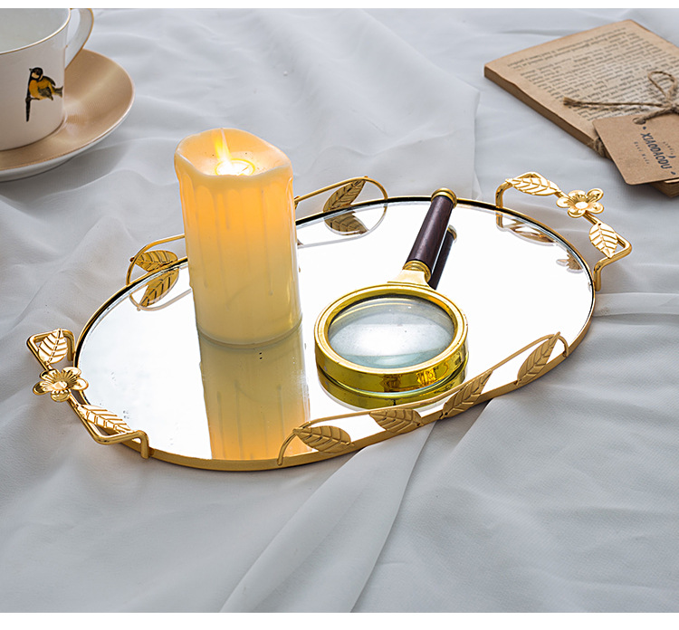 European-style light luxury oval-shaped pastry and fruit plate, metal ironwork mirror candy tray, photo display, jewelry storage pic 3