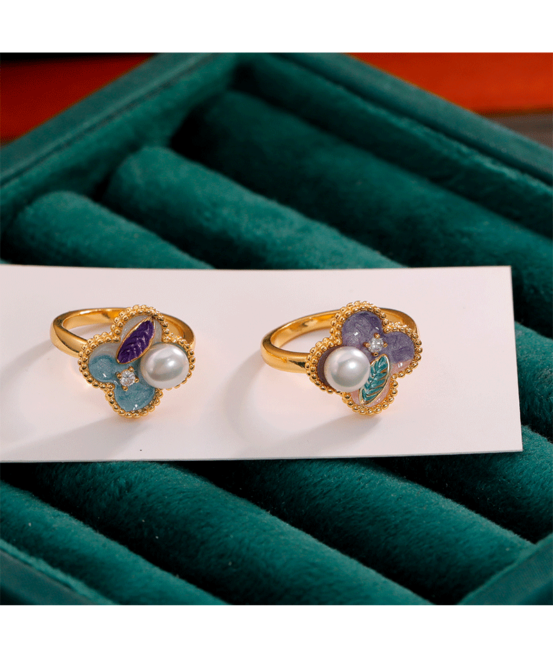 Anillo de Hyacinth mujer pintura al óleo colección nacional maré esmaltado anillo de cuatro hojas diseño original sentido anillo abierto anillo de dedo indicador accesorios pic 2