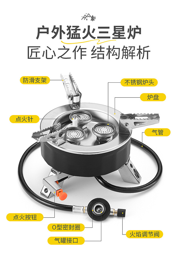 Outdoor high-intensity three-burner gas stove, three-star stove, portable camping and picnic cookware, mini gas cylinder, gas stove pic 13