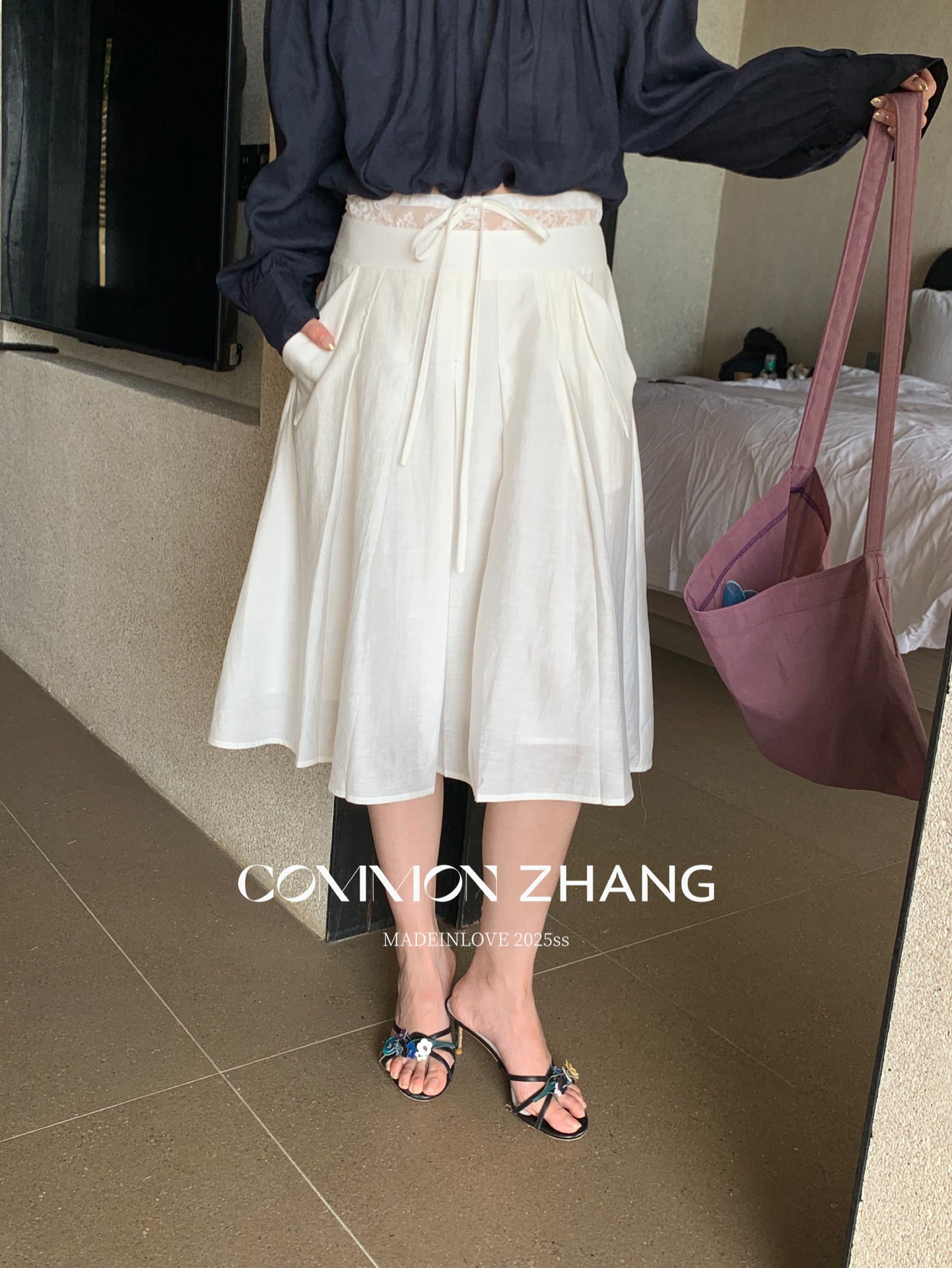 CZ ZHANG Summer French lace-up waist Tencel solid color low-waist A-line pleated skirt B22859 pic 18