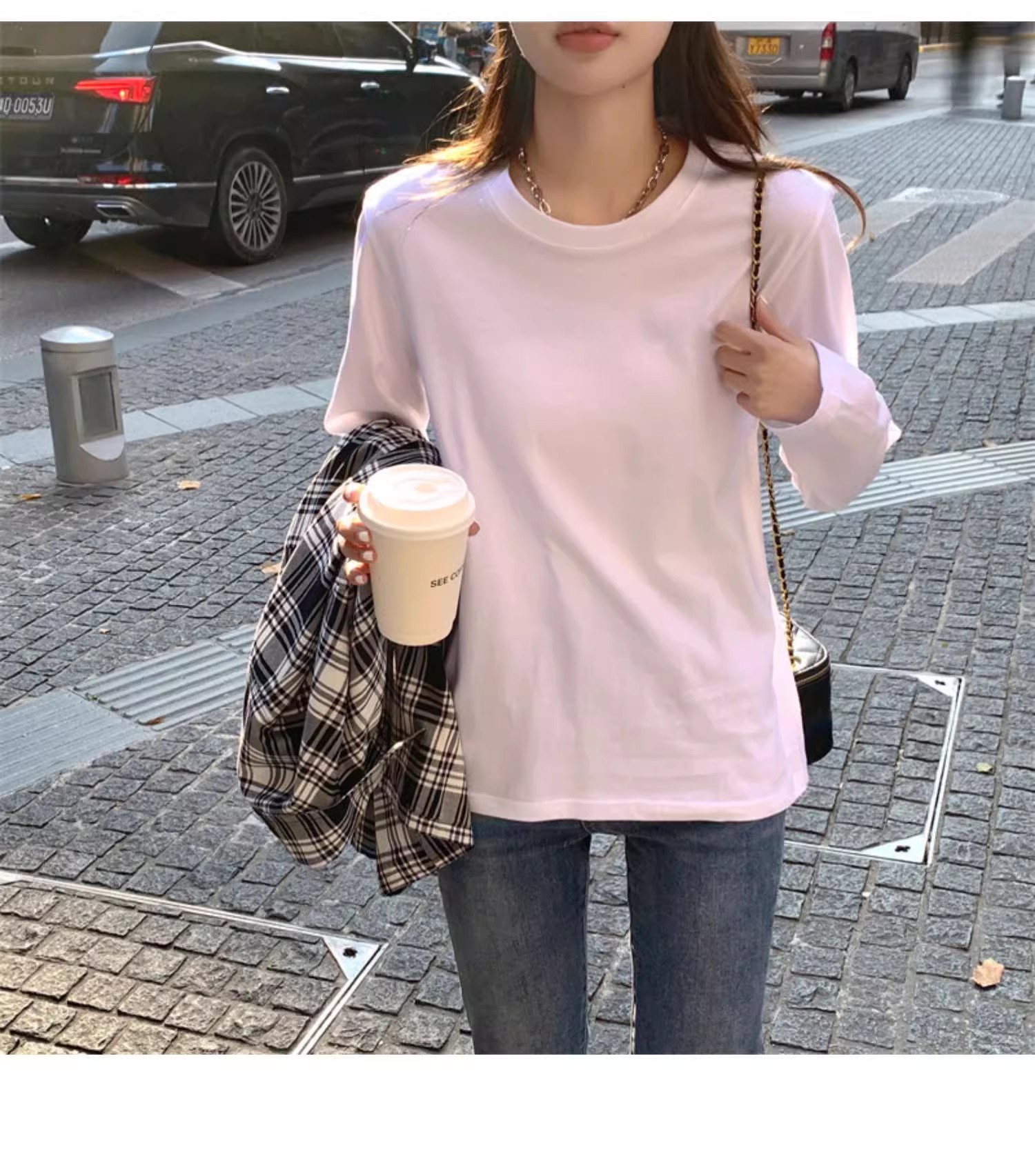 正肩长袖T恤女2023新款秋冬内搭纯棉宽松打底衫韩版白色男女上衣详情7