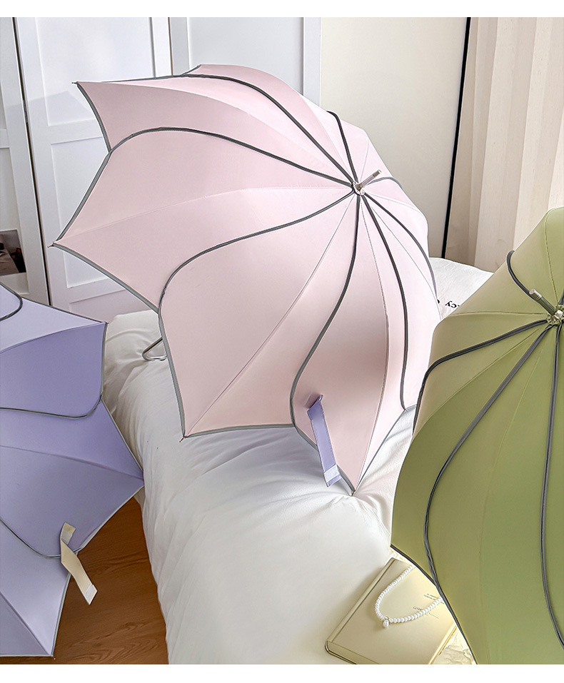 The new 8-bone petal umbrella with a straight stem and curved handle is an automatic umbrella for girls. It has a high appearance level, enhanced reinforcement, and provides sun protection and UV protection pic 12