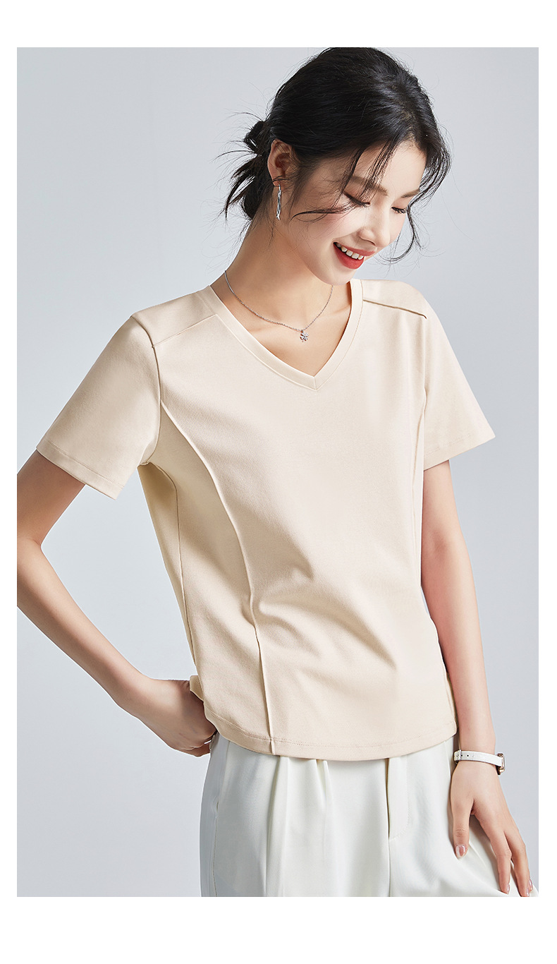 The same style of white short-sleeved off-the-shoulder T-shirt for women in the mall, 25 summer mercerized cotton round-neck base layer T-shirt, half-sleeved pic 38