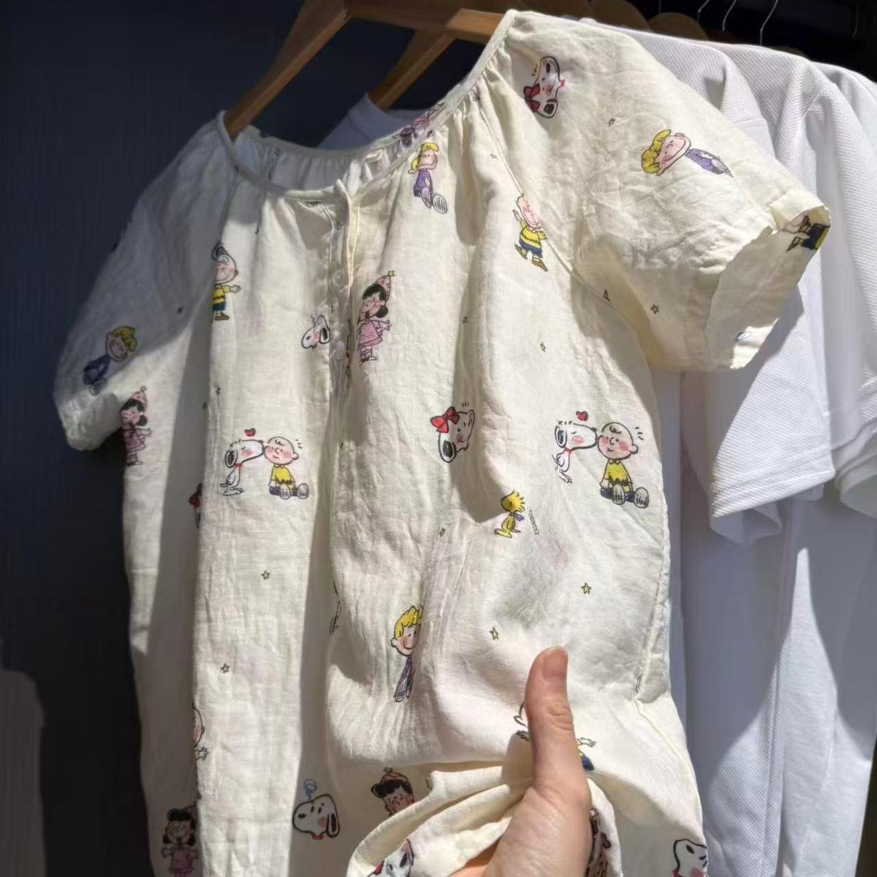 Class A all-cotton double-layer yarn round-neck pajamas, short sleeves, long sleeves, shorts, long pants, postpartum home wear set, cartoon breathable pic 26