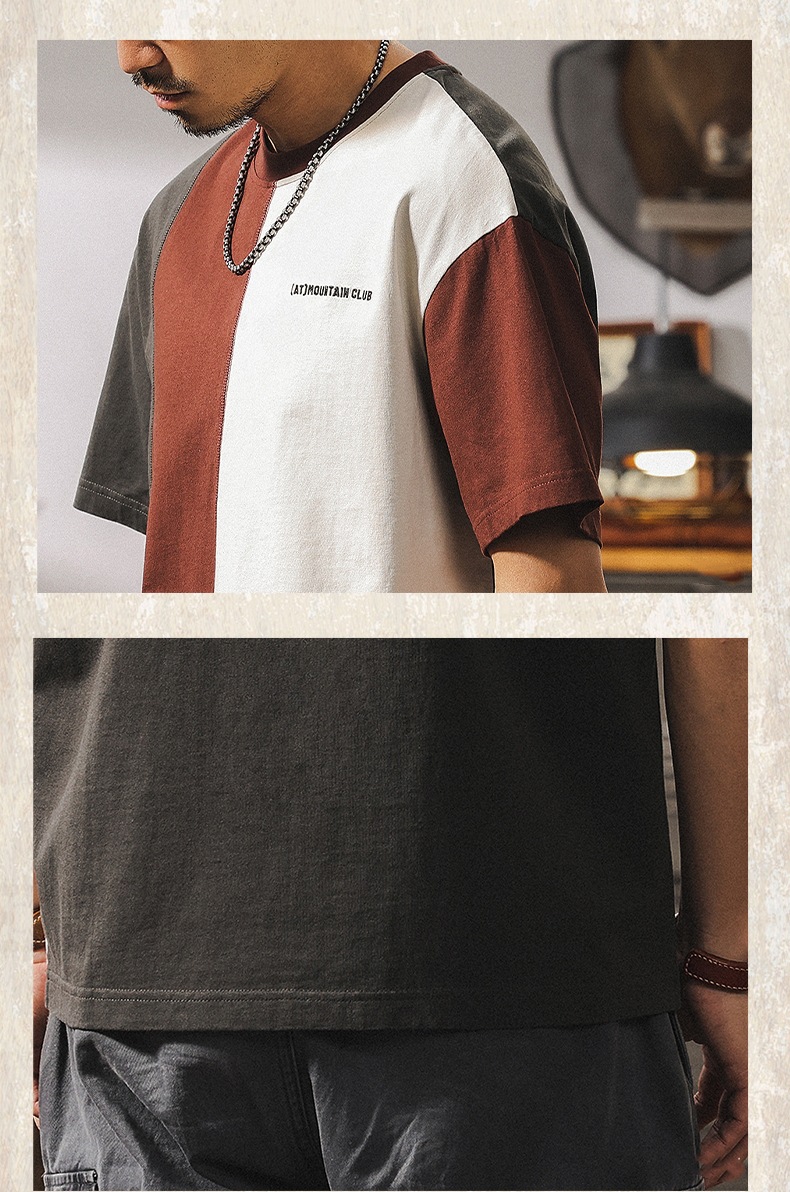 拼接撞色设计短袖男夏季2025新款美式复古重磅T恤男纯棉宽松上衣详情22