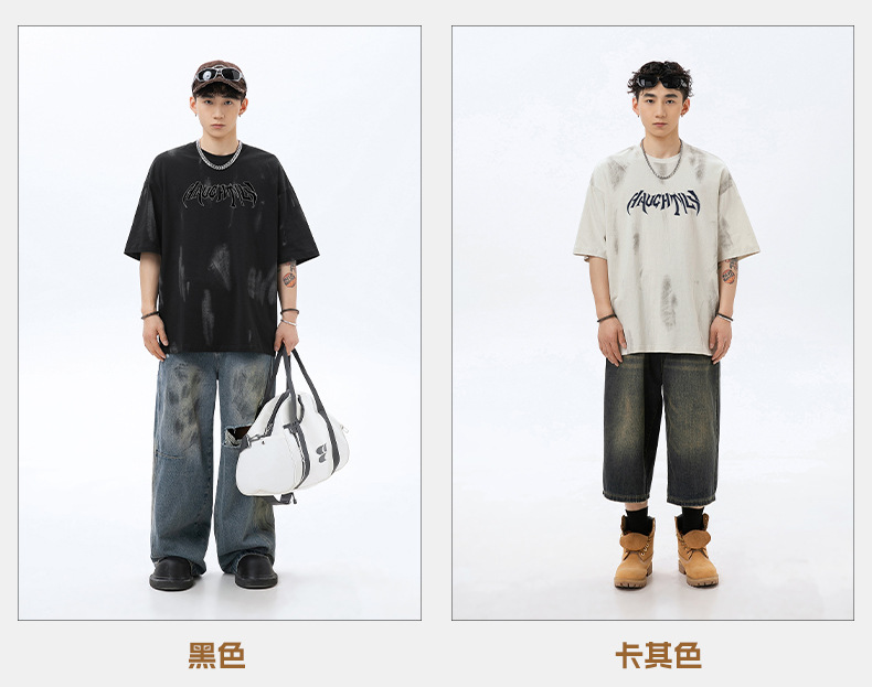 复古做旧短袖T恤男2024夏季款美式高街字母印花情侣宽松纯棉体恤详情4