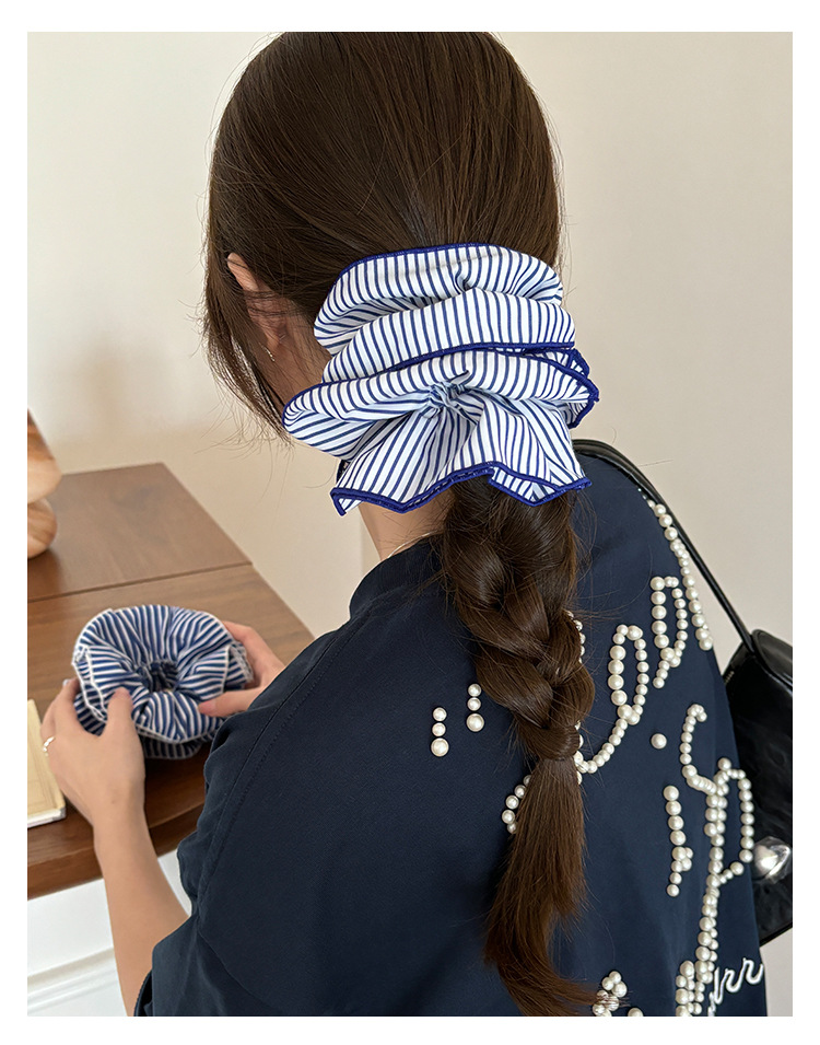 韩式蓝色条纹双层大肠发圈女时尚低马尾发绳学院风头绳皮筋头饰品详情7