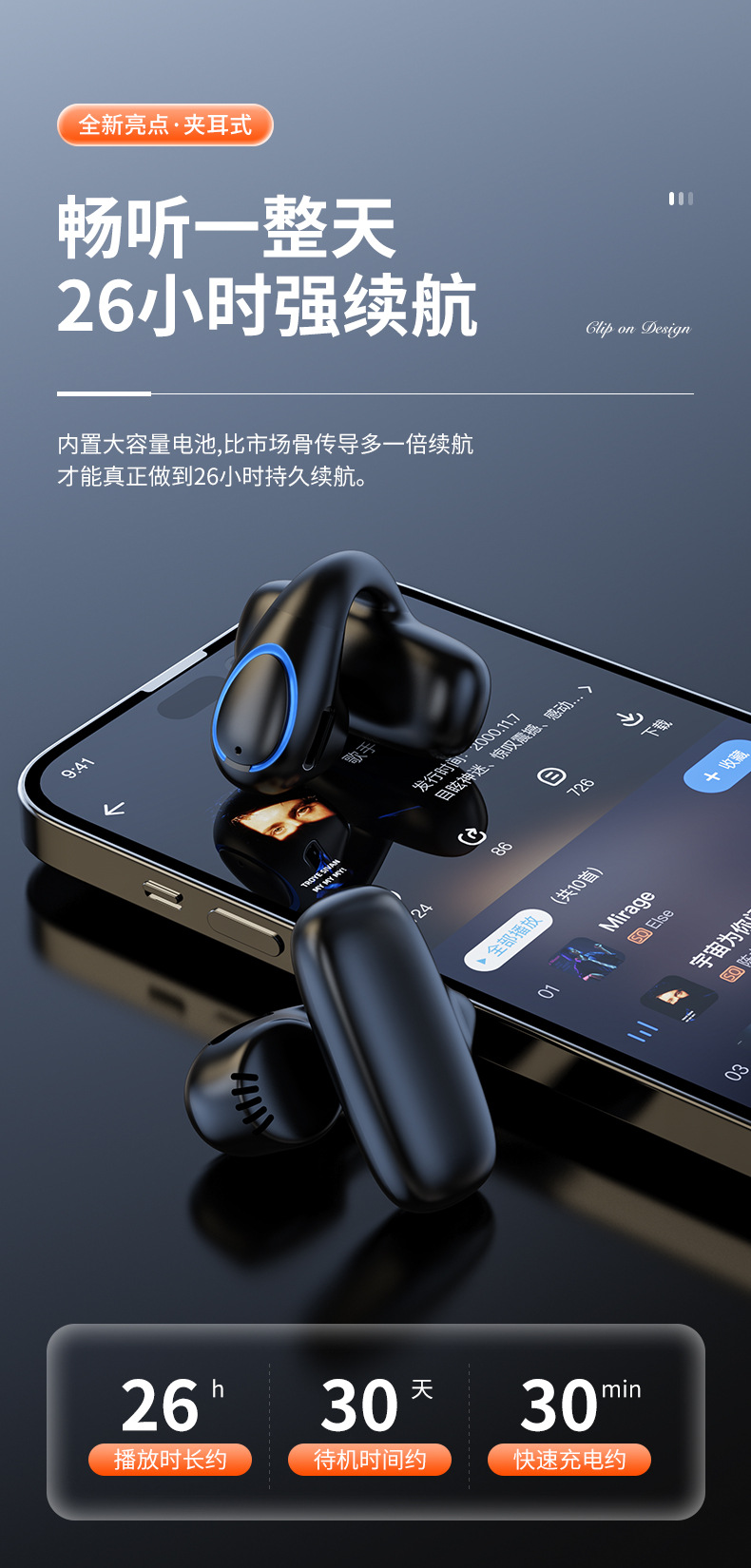 X33单耳无线蓝牙耳机5.3耳夹式不入耳无线蓝牙运动耳机超长续航耳 pic 10