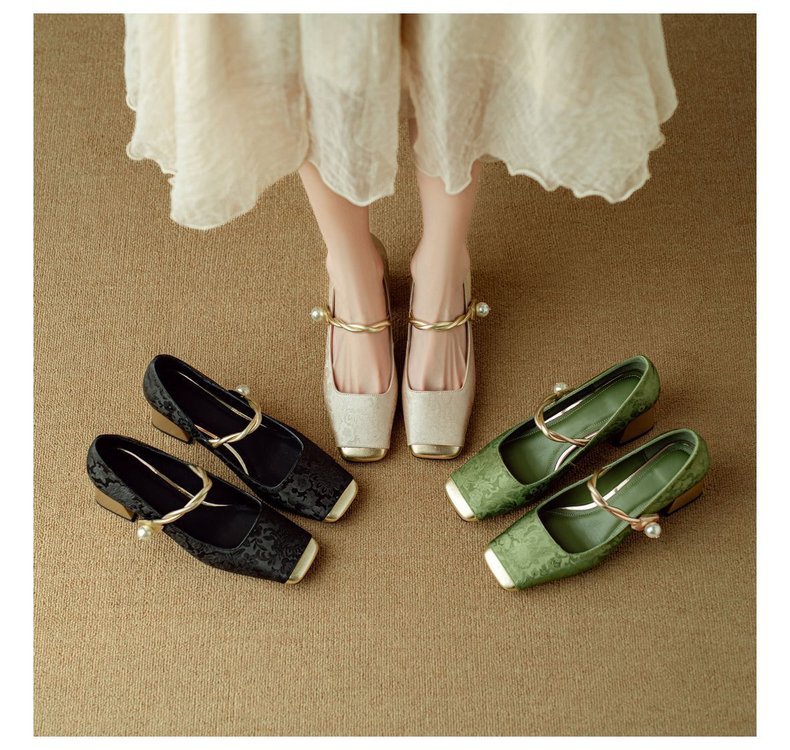 春季高跟鞋女一字带单鞋新中式国风拼色方头玛丽珍鞋法式珍珠粗跟详情8