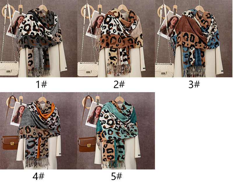 仿羊绒双面印花围巾女秋冬欧美拼色豹纹保暖披肩时尚流苏围脖批发详情4