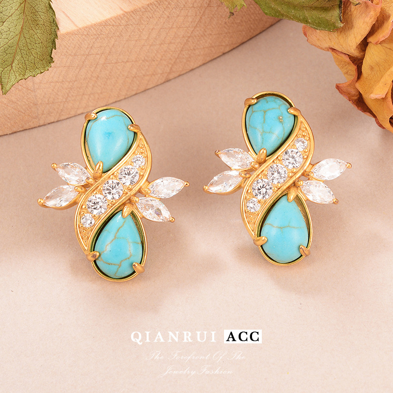 French retro, individualistic, fashionable and niche natural stone earrings, zircon earrings, row diamonds and geometric pattern earrings wholesale pic 18