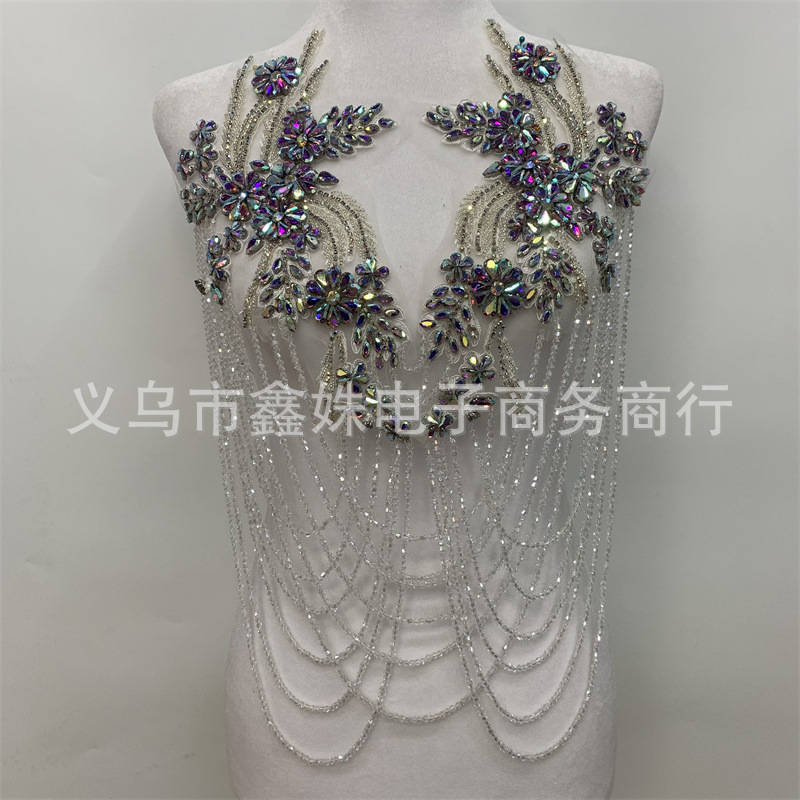 水红手工串珠流苏肩饰 婚纱礼服手工银色蕾丝贴花详情20