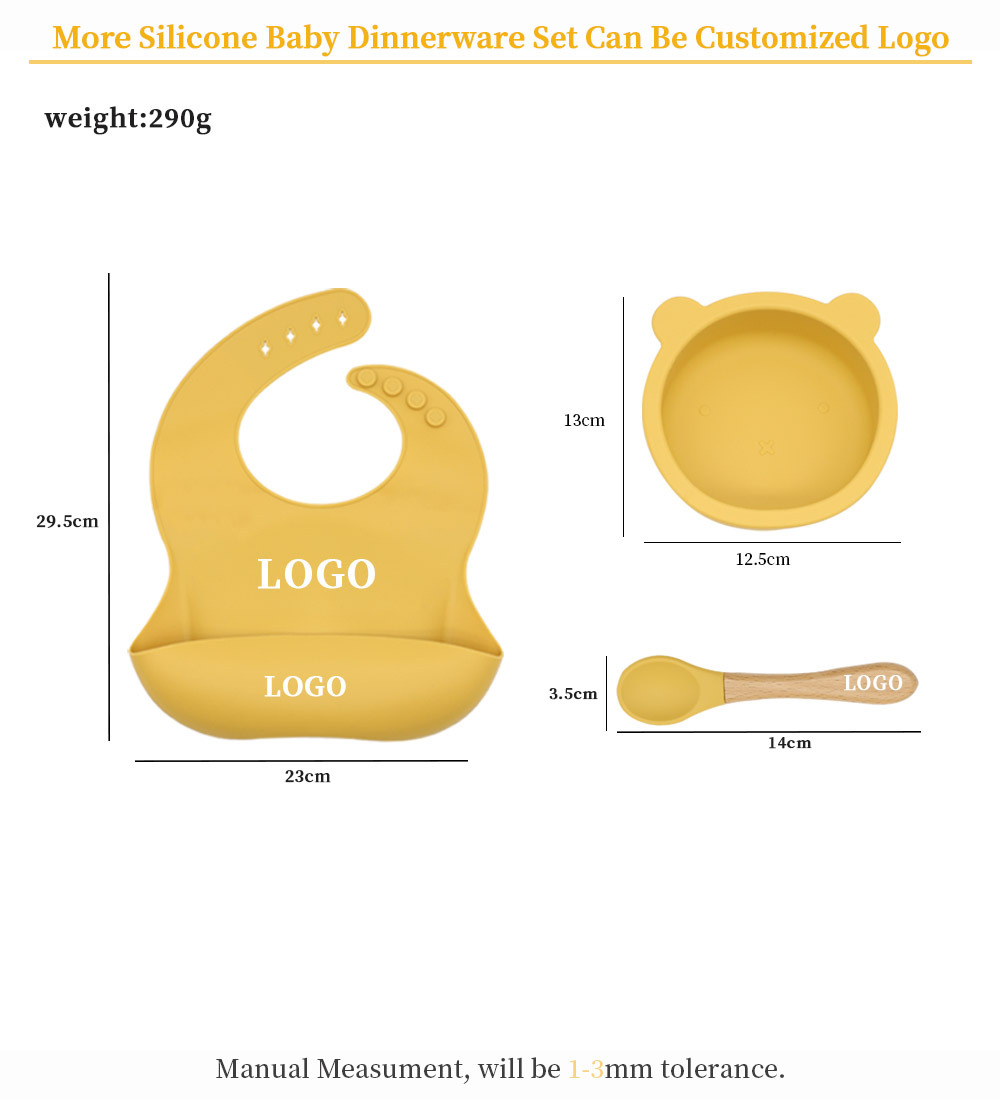 厂家直供儿童硅胶小熊餐具辅食餐盘碗木勺围兜三件套套餐详情8