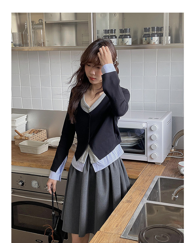 【通勤时髦法则】歌铭设计感撞色假两件针织衫秋季长袖上衣Y2776F详情24