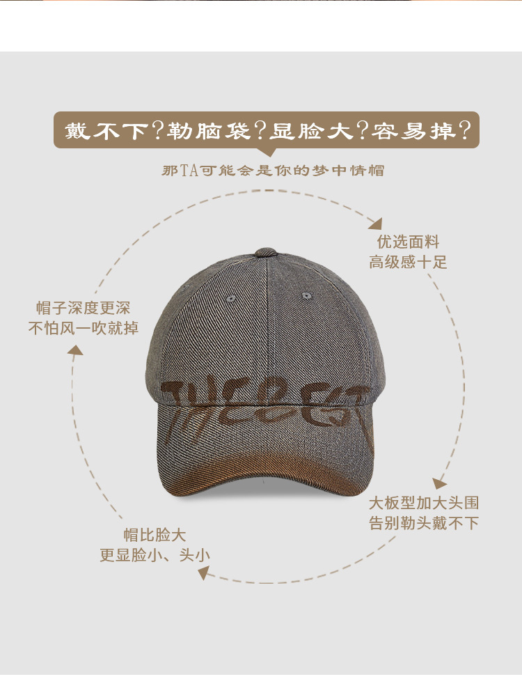 American retro letter grey baseball cap for women, wide brim, big face to show off, small baseball cap, versatile, big head circumference hat, clothing accessories pic 6