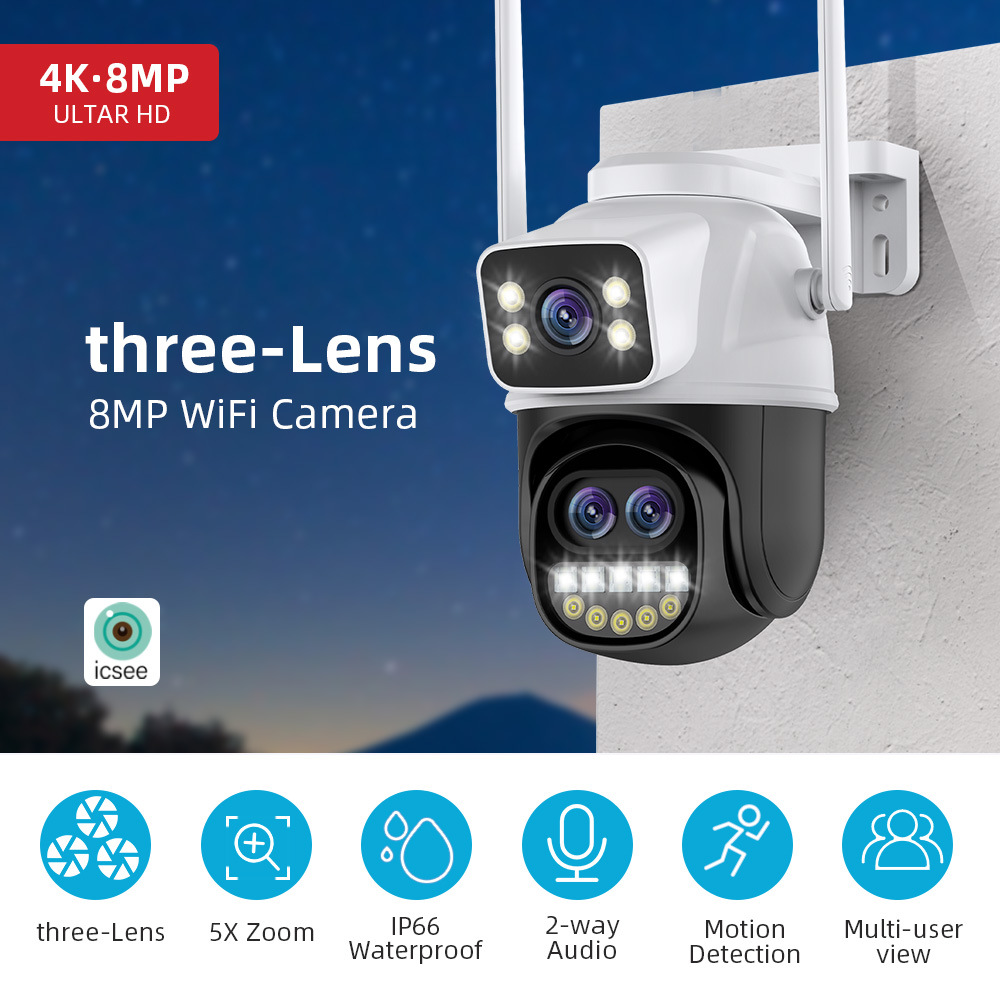 Three-eye zoom surveillance camera, home high-definition camera, wireless camera, wifi network, indoor and outdoor monitor pic 1