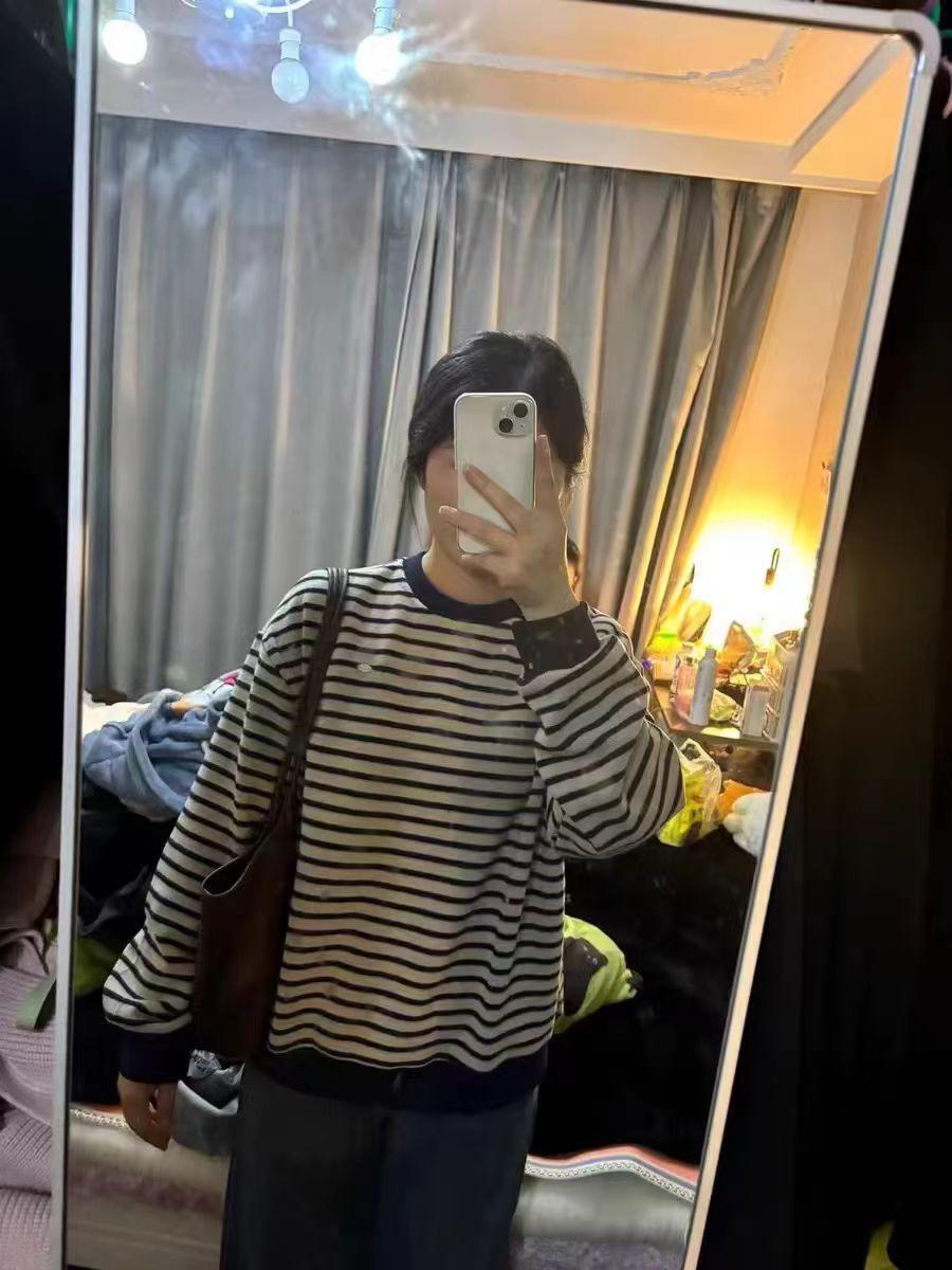 复古港味条纹圆领针织女秋冬新款宽松学院风休闲百搭长袖上衣外套详情8