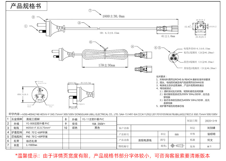 澳大利亚SAA认证带插头线澳标三插品字尾澳式两插8字尾澳规电源线详情7
