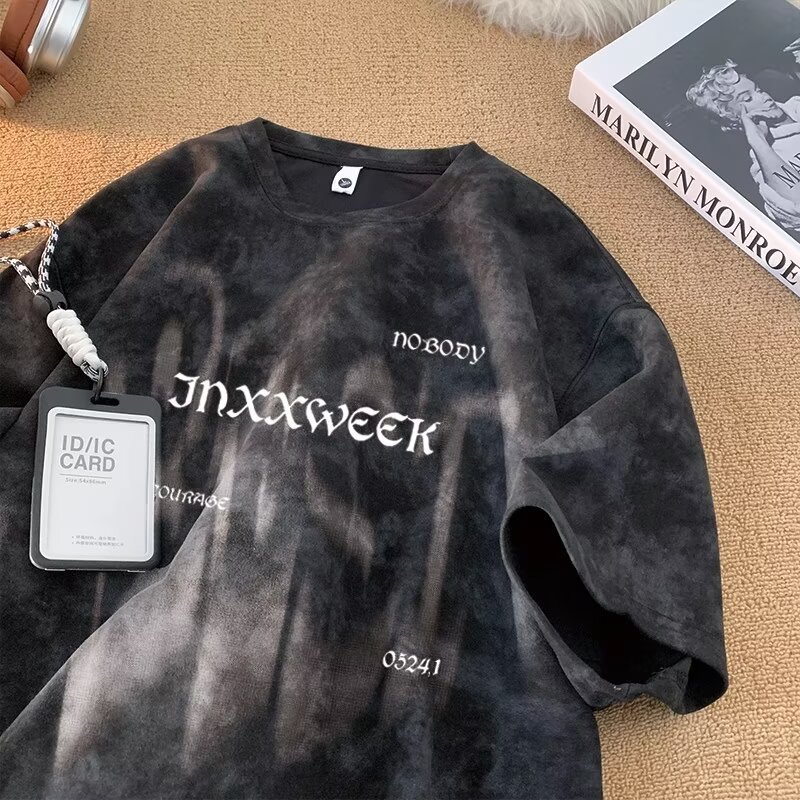 Summer trendy brand American heavy-duty pure cotton short-sleeved T-shirt for men, loose large-sized half-sleeved washed distressed T-shirt base layer pic 14