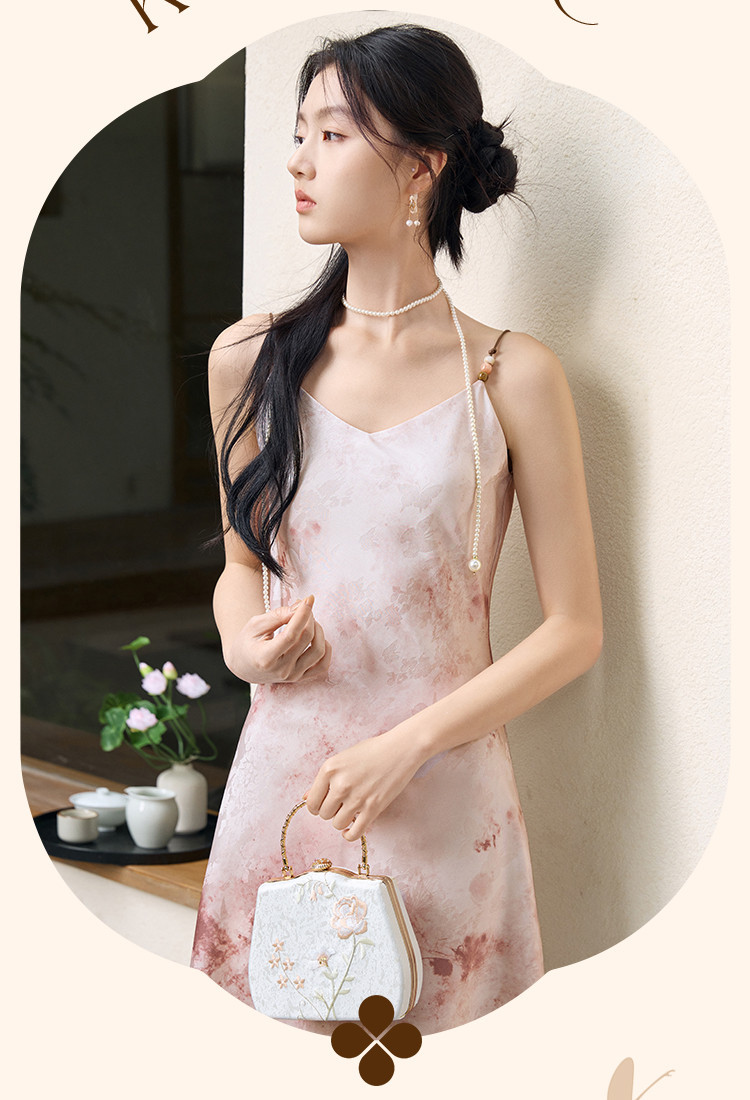 2025 Summer satin V-neck halter dress for women, new Chinese-style smudged printed dress pic 11